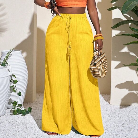 Yellow Casual Women's Full Length wide legging flowy Pants - Picture 2 of 9